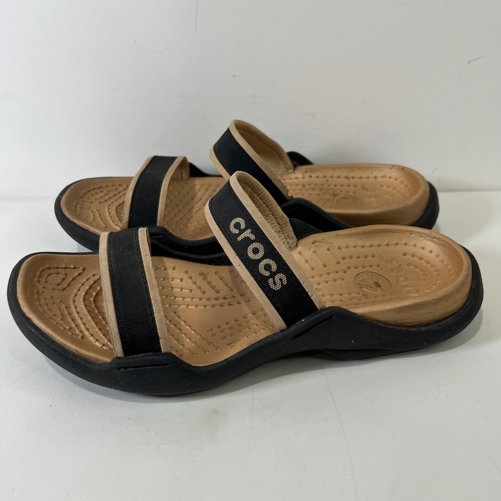 Crocs Cleo Sandals Women Size 6 Black Tan Double Strap Comfort Slides Casual - Picture 2 of 6
